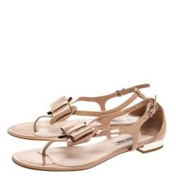 Miu Miu Beige Patent Leather Bow Thong Flats Size 38.5