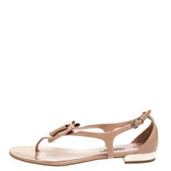 Miu Miu Beige Patent Leather Bow Thong Flats Size 38.5
