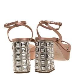 مملوكة مسبقًا Miu Miu Nude Pink Satin Crystal Embellished Heel Platform Sandals Size 39.5