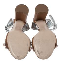 Miu Miu Brown/Metallic Silver Leather Crystal Embellished Block Heel Ankle Strap Sandals Size 39