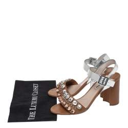 Miu Miu Brown/Metallic Silver Leather Crystal Embellished Block Heel Ankle Strap Sandals Size 39