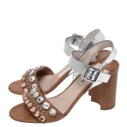 Miu Miu Brown/Metallic Silver Leather Crystal Embellished Block Heel Ankle Strap Sandals Size 39