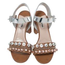 Miu Miu Brown/Metallic Silver Leather Crystal Embellished Block Heel Ankle Strap Sandals Size 39