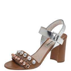 Miu Miu Brown/Metallic Silver Leather Crystal Embellished Block Heel Ankle Strap Sandals Size 39