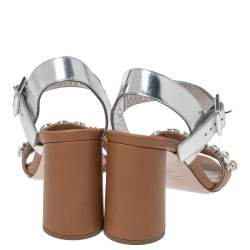 Miu Miu Brown/Metallic Silver Leather Crystal Embellished Block Heel Ankle Strap Sandals Size 39