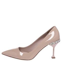 Pre Owned Miu Miu Beige Patent Crystal Embellished Heel Pointed Toe Pumps Size 41