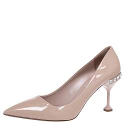 Pre Owned Miu Miu Beige Patent Crystal Embellished Heel Pointed Toe Pumps Size 41