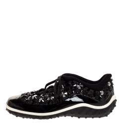 Pre Owned Miu Miu Black/White Fabric and Patent Leather Embellished Astro Sneakers Size 38.5