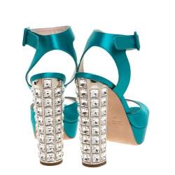 Miu Miu Green Satin Crystal Embellished Heel Platform Ankle Cuff Sandals Sandals Size 38