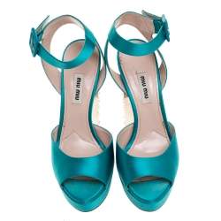 Miu Miu Green Satin Crystal Embellished Heel Platform Ankle Cuff Sandals Sandals Size 38