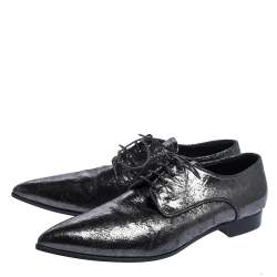 Pre Owned Miu Miu Grey Crinkled Patent Leather Pointed Toe Lace Oxfords Size 37