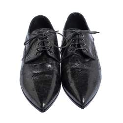 Pre Owned Miu Miu Grey Crinkled Patent Leather Pointed Toe Lace Oxfords Size 37