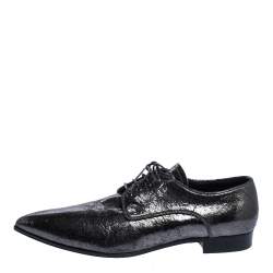 Pre Owned Miu Miu Grey Crinkled Patent Leather Pointed Toe Lace Oxfords Size 37