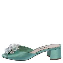 Miu Miu Pista Green Satin Crystal Embellished Slide Mules Size 37