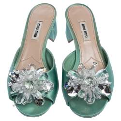 Miu Miu Pista Green Satin Crystal Embellished Slide Mules Size 37