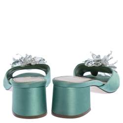 Miu Miu Pista Green Satin Crystal Embellished Slide Mules Size 37
