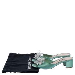 Miu Miu Pista Green Satin Crystal Embellished Slide Mules Size 37