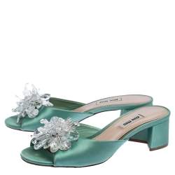 Miu Miu Pista Green Satin Crystal Embellished Slide Mules Size 37