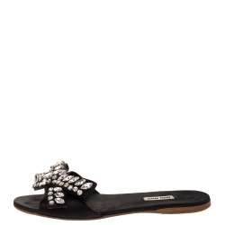 مملوكة مسبقًا Miu Miu Black Satin Crystal Embellished Bow Slide Sandals Size 38.5