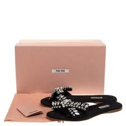 مملوكة مسبقًا Miu Miu Black Satin Crystal Embellished Bow Slide Sandals Size 38.5