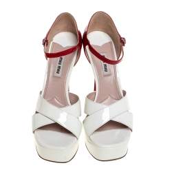 Miu Miu White/Red Patent Leather Platform Cross Strap Sandals Size 38