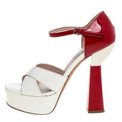 Miu Miu White/Red Patent Leather Platform Cross Strap Sandals Size 38