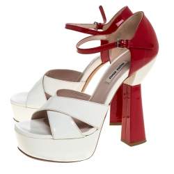 Miu Miu White/Red Patent Leather Platform Cross Strap Sandals Size 38