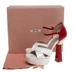 Miu Miu White/Red Patent Leather Platform Cross Strap Sandals Size 38