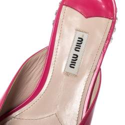 Pre Owned حذاء سلايد فلات ميو ميو فيونكة كعب زخرفة كريستال جلد لامع وردى  مقاس 37.5