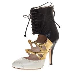 Pre Owned حذاء بوتيز ميو ميو ملتف حول الكاحل قصة جلد بروغي ثلاثي اللون مقاس 36