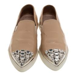 Miu Miu Beige Patent Leather Crystal Embellished Pointed Cap Toe Slip On Sneakers Size 35