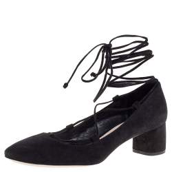 Miu Miu Black Suede Lace Up Block Heel Pumps Size 36