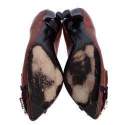 Pre Owned Miu Miu Brown Leather Jewel Embellished Kitten Heel Pointed Pumps Size 37