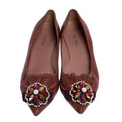 Pre Owned Miu Miu Brown Leather Jewel Embellished Kitten Heel Pointed Pumps Size 37
