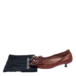 Pre Owned Miu Miu Brown Leather Jewel Embellished Kitten Heel Pointed Pumps Size 37