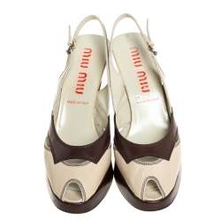 Miu Miu Cream/Brown Leather Peep Toe Platform Slingback Sandals Size 38.5