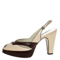 Miu Miu Cream/Brown Leather Peep Toe Platform Slingback Sandals Size 38.5