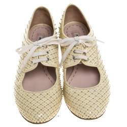 Pre Owned Miu Miu Cream Perforated Leather Studded Cutout Lace Up Oxford Size 37.5