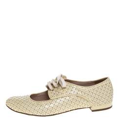Pre Owned Miu Miu Cream Perforated Leather Studded Cutout Lace Up Oxford Size 37.5