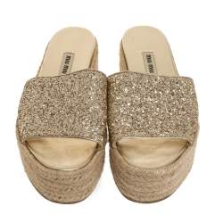 Miu Miu Metallic Gold Glitter Espadrille Platform Slide Sandals Size 36