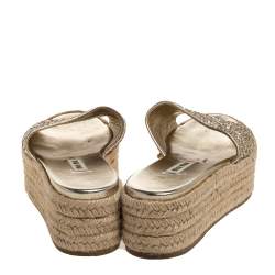Miu Miu Metallic Gold Glitter Espadrille Platform Slide Sandals Size 36