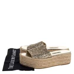 Miu Miu Metallic Gold Glitter Espadrille Platform Slide Sandals Size 36