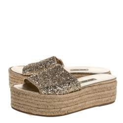 Miu Miu Metallic Gold Glitter Espadrille Platform Slide Sandals Size 36