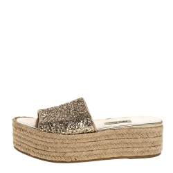 Miu Miu Metallic Gold Glitter Espadrille Platform Slide Sandals Size 36