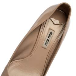 Pre Owned Miu Miu Beige Patent Leather Crystal Embellished Block Heel Pumps Size 36.5
