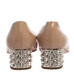 Pre Owned Miu Miu Beige Patent Leather Crystal Embellished Block Heel Pumps Size 36.5