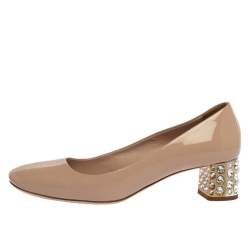 Pre Owned Miu Miu Beige Patent Leather Crystal Embellished Block Heel Pumps Size 36.5