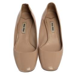 Pre Owned Miu Miu Beige Patent Leather Crystal Embellished Block Heel Pumps Size 36.5