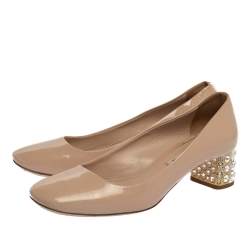 Pre Owned Miu Miu Beige Patent Leather Crystal Embellished Block Heel Pumps Size 36.5