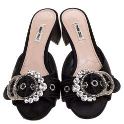 Miu Miu Black Satin Buckle Detail Crystal Embellished Slide Mules Size 40
